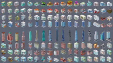 Complete collection of low poly 3D building assets including skyscrapers, residential homes, commercial buildings, and landmarks