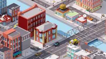 Brooklyn waterfront scene with low poly 3D bridge, fast food establishments, and classic red brick industrial buildings