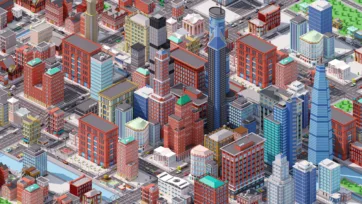 Brooklyn downtown skyline featuring low poly 3D skyscrapers, water towers, and classic New York architectural elements