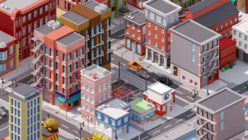 Street-level view of Brooklyn-inspired low poly 3D buildings with detailed fire escapes, storefronts, and urban street elements