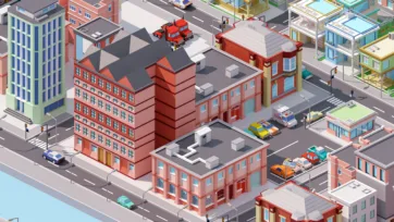 Industrial Brooklyn-style area with low poly 3D factory buildings, warehouses, and mixed residential-industrial development