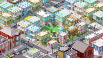 Modern suburban residential area with low poly 3D houses featuring swimming pools, contemporary architecture, and green spaces