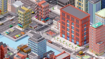 Brooklyn commercial street scene in low poly 3D featuring large red brick buildings, street-level retail, and urban landscaping