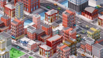 Dense Brooklyn-style low poly 3D neighborhood showcasing classic red brick architecture and tight urban development patterns