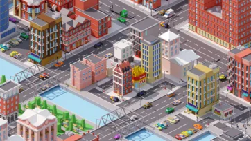 Brooklyn-inspired low poly 3D city district with waterfront area featuring bridges, fast food restaurants, and mixed urban architecture