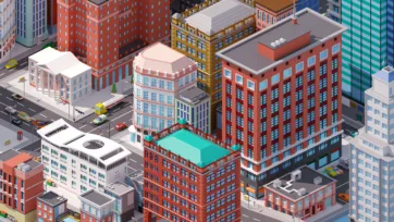 Detailed close-up of Brooklyn-inspired low poly 3D building architecture showing classic red brick facades and rooftop details