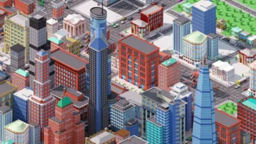 Urban skyline view of Brooklyn-style low poly 3D city with prominent water tower, skyscrapers, and architectural diversity