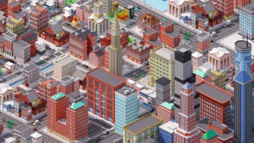 Commercial downtown district of Brooklyn-inspired low poly 3D city featuring high-rise buildings and mixed-use development