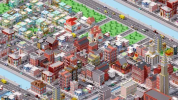 Detailed view of suburban residential area in low poly 3D Brooklyn-style city with single-family homes and green spaces