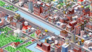 Low poly 3D model of Brooklyn-inspired residential neighborhood with waterfront, parks, and diverse housing architecture
