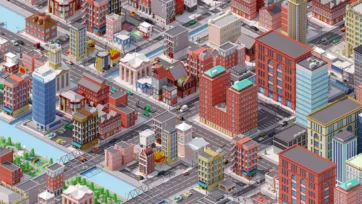 Isometric street-level view of Brooklyn-style low poly 3D city intersection with mixed architectural styles and urban details