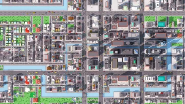 Top-down aerial view of low poly 3D city layout showing street grid, building blocks, and urban infrastructure planning