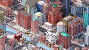 Close-up view of detailed Brooklyn-inspired low poly 3D buildings featuring classic red brick architecture and modern glass structures