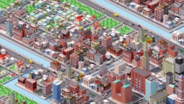 Low poly 3D city model showing Brooklyn-style residential and commercial districts with mixed-use buildings and urban planning