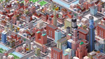 Isometric view of Brooklyn-inspired low poly 3D city model with red brick buildings, blue glass towers, and detailed urban architecture