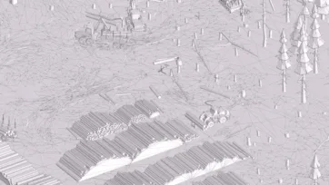 Wireframe 3D scene of forest logging operation showing polygonal mesh models of trees, equipment, and lumber storage areas