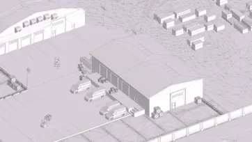 Wireframe 3D model view of lumber warehouse and distribution facility showing polygonal mesh structure and delivery vehicles