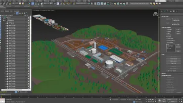 3ds Max software interface showing timber industry scene creation with sawmill complex and lumber storage yards in viewport