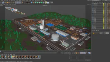 Cinema 4D modeling interface displaying detailed lumber processing complex with storage facilities and industrial equipment in development