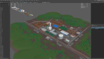Maya 3D software workspace showing timber processing facility scene development with comprehensive lumber yard and industrial buildings