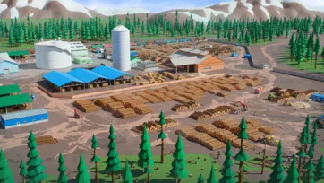 Massive timber industrial complex aerial view showing lumber yards, processing facilities, storage silos, and railway infrastructure in forested valley