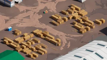 Organized processed lumber storage yard with systematically stacked wooden building materials and industrial warehouse facilities