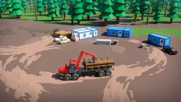 Remote forest logging camp with blue portable buildings, red logging truck with crane, and timber operations in woodland clearing