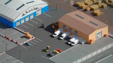 Modern industrial timber distribution center with warehouse buildings, delivery trucks, and organized lumber storage facility