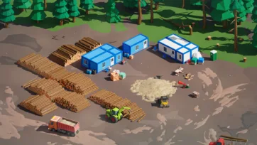 Remote forest logging camp with blue portable buildings, timber stacks, and logging equipment in woodland clearing
