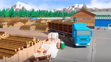 Blue logging truck loading timber logs at comprehensive lumber processing facility with organized storage yards and buildings