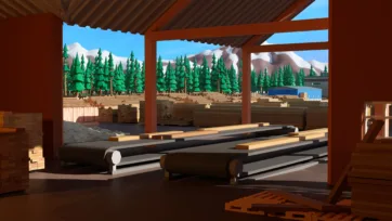 Interior view of sawmill facility showing lumber processing conveyor system and stacked timber with mountain forest backdrop
