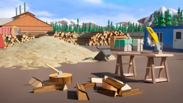 Sawmill production area showing woodworking tools, cut lumber pieces, sawdust pile, and wooden sawhorses at timber processing facility