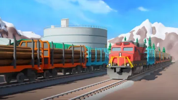 Red freight locomotive pulling timber transport cars past large industrial storage silo in mountain timber processing facility