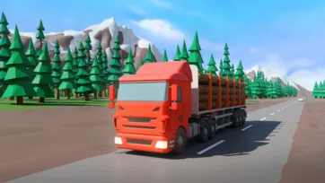 Red logging truck transporting timber logs on mountain highway through dense forest in low poly 3D illustration