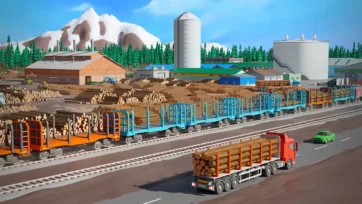 Multi-modal timber transport hub showing freight trains and logging trucks coordinating lumber shipments at industrial facility