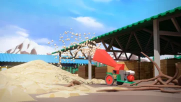 Industrial wood chipper machine producing sawdust with flying wood chips at timber processing facility with storage buildings