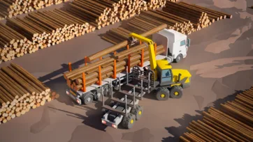 Yellow crane loading cut logs onto white truck trailer in organized timber storage yard with massive log piles
