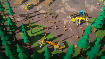 Aerial view of forest clearing operation with yellow logging machinery, fallen trees, and timber extraction equipment in action
