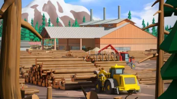 Active sawmill complex showing timber processing buildings with log handling equipment and organized lumber storage in mountainous setting