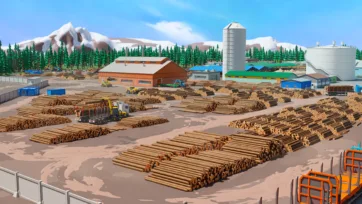 Comprehensive lumber processing facility with organized log storage yards and industrial buildings set against snow-capped mountains in low poly 3D style