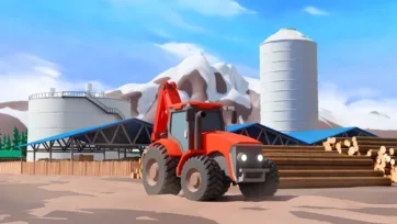 Large-scale timber processing facility with storage silos and log handling equipment in mountain setting