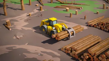 Yellow forestry tractor with log grapple handling cut timber in forest clearing operation