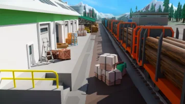 Railway loading station with orange freight cars transporting lumber and timber processing facility