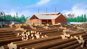Industrial sawmill facility with massive stacks of processed lumber and timber storage yard