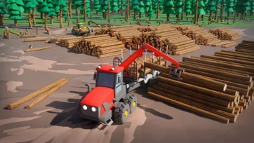 Red logging truck with crane loading cut timber logs at forest harvesting site in low poly 3D illustration