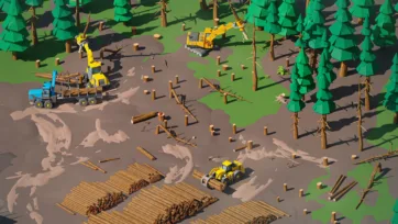 Forest logging operation showing tree cutting machinery, fallen logs, and clearing equipment in 3D low poly rendering