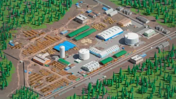 Aerial view of wood industry sawmill complex with storage yards, processing buildings, and forestry equipment in low poly 3D style