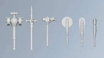 3D low poly medieval weapons and tools displayed in wireframe view showing polygon mesh structure and technical geometry