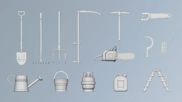 3D low poly tools and weapons collection shown in wireframe technical view displaying mesh topology and construction details