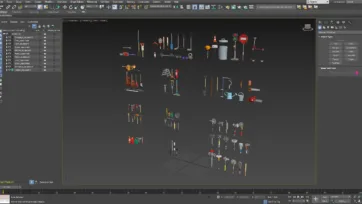 3D low poly tools and weapons asset pack displayed in 3ds Max software viewport with layer explorer and object hierarchy